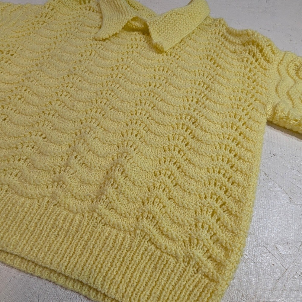 Vintage Yellow Knit Polo Shirt Short Sleeve Crochet Lace Womens READ - Picture 4 of 10